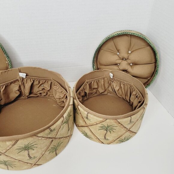 Vintage 2pc Sewing Box Storage Round Palm Trees & Bamboo Storage 7.25" & 5.5" - Picture 6 of 12